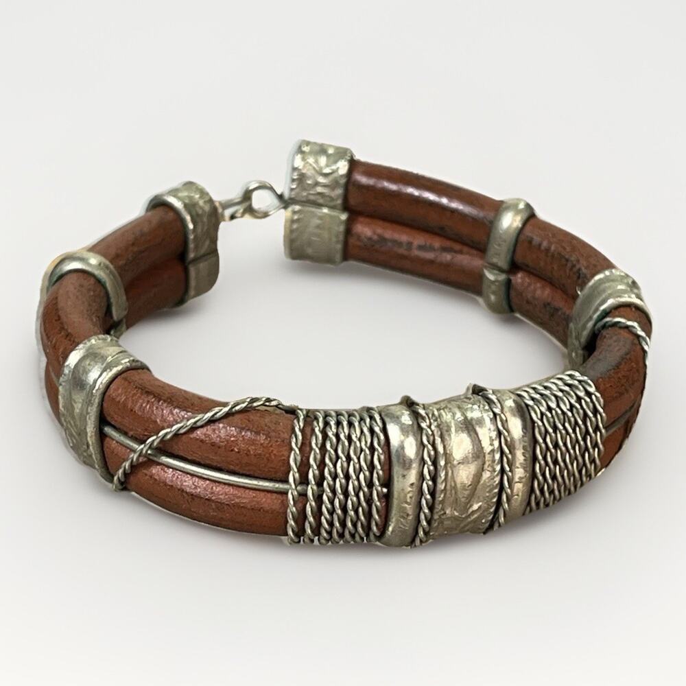 India Antique Leather and Engraved Mixed Metal Wrapped Cuff Bracelet - 8”